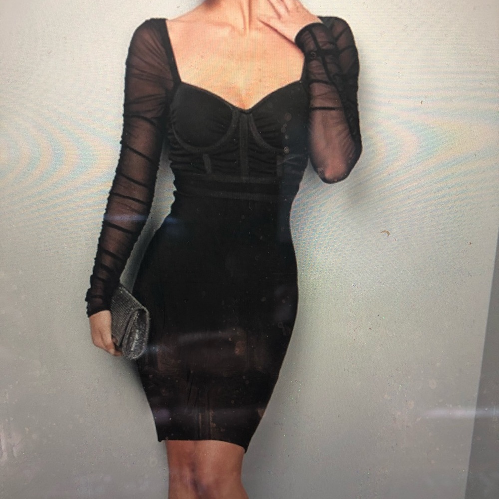 Black mini mesh sleeve dress.
